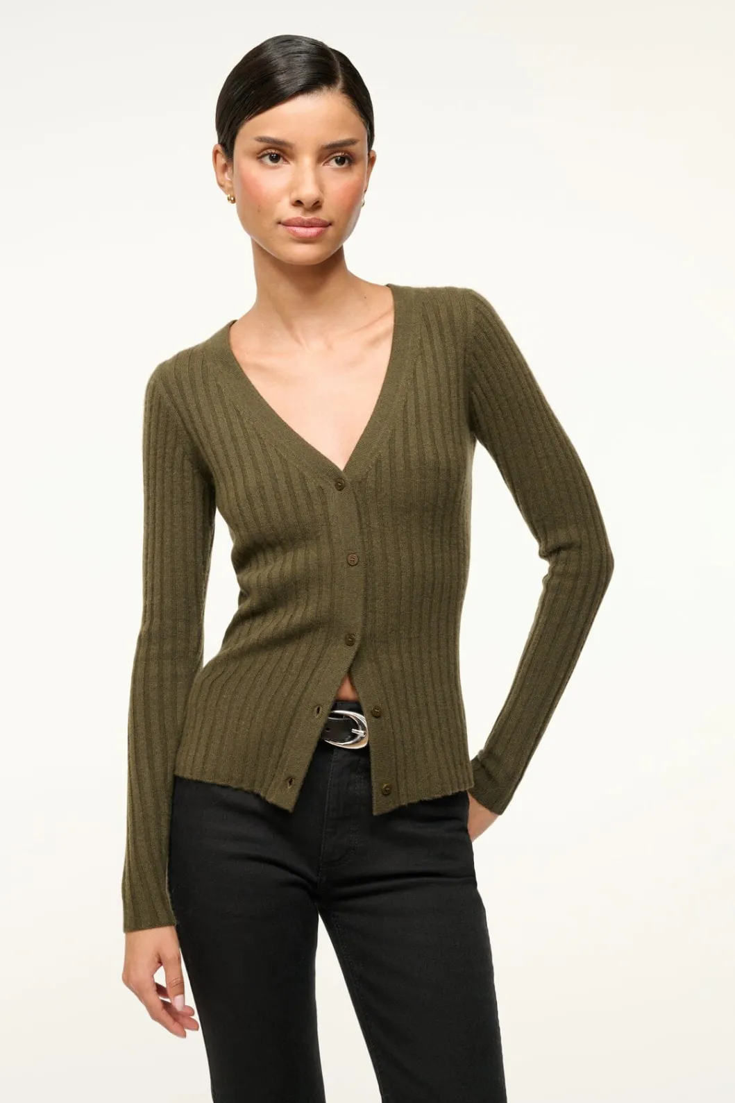 STAUD CARGO CASHMERE SWEATER DARK OLIVE< Sweaters