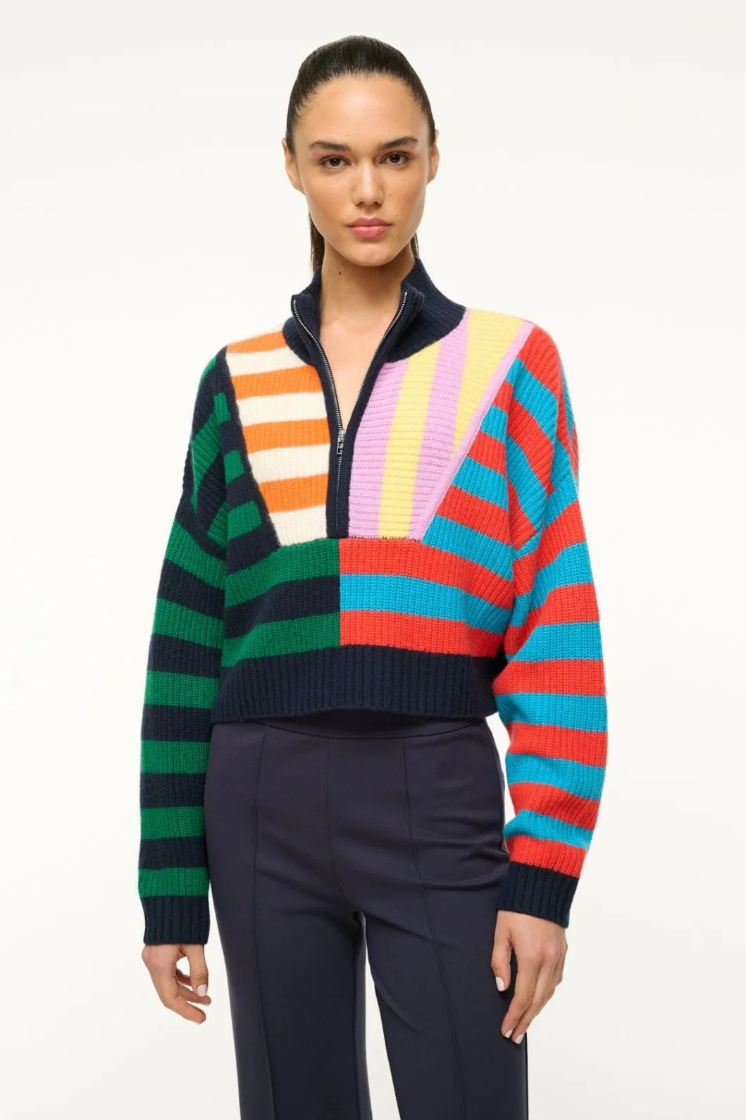 STAUD CASHMERE CROPPED HAMPTON SWEATER CABANA STRIPE MULTI< Sweaters