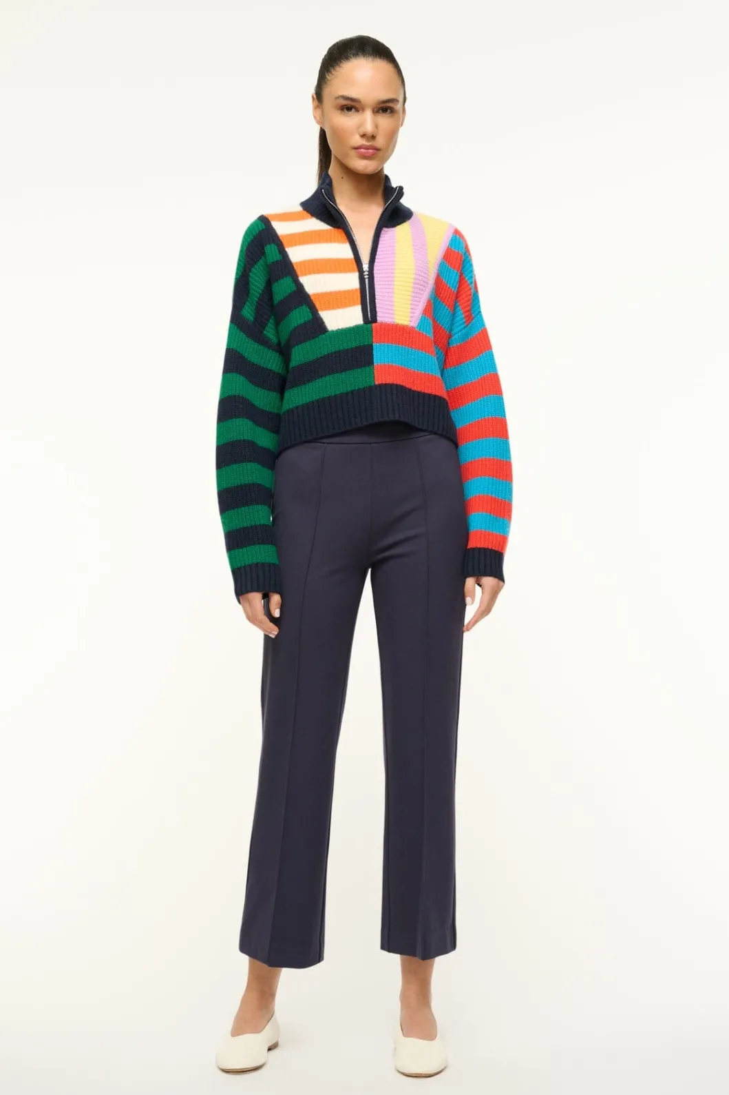 STAUD CASHMERE CROPPED HAMPTON SWEATER CABANA STRIPE MULTI< Sweaters