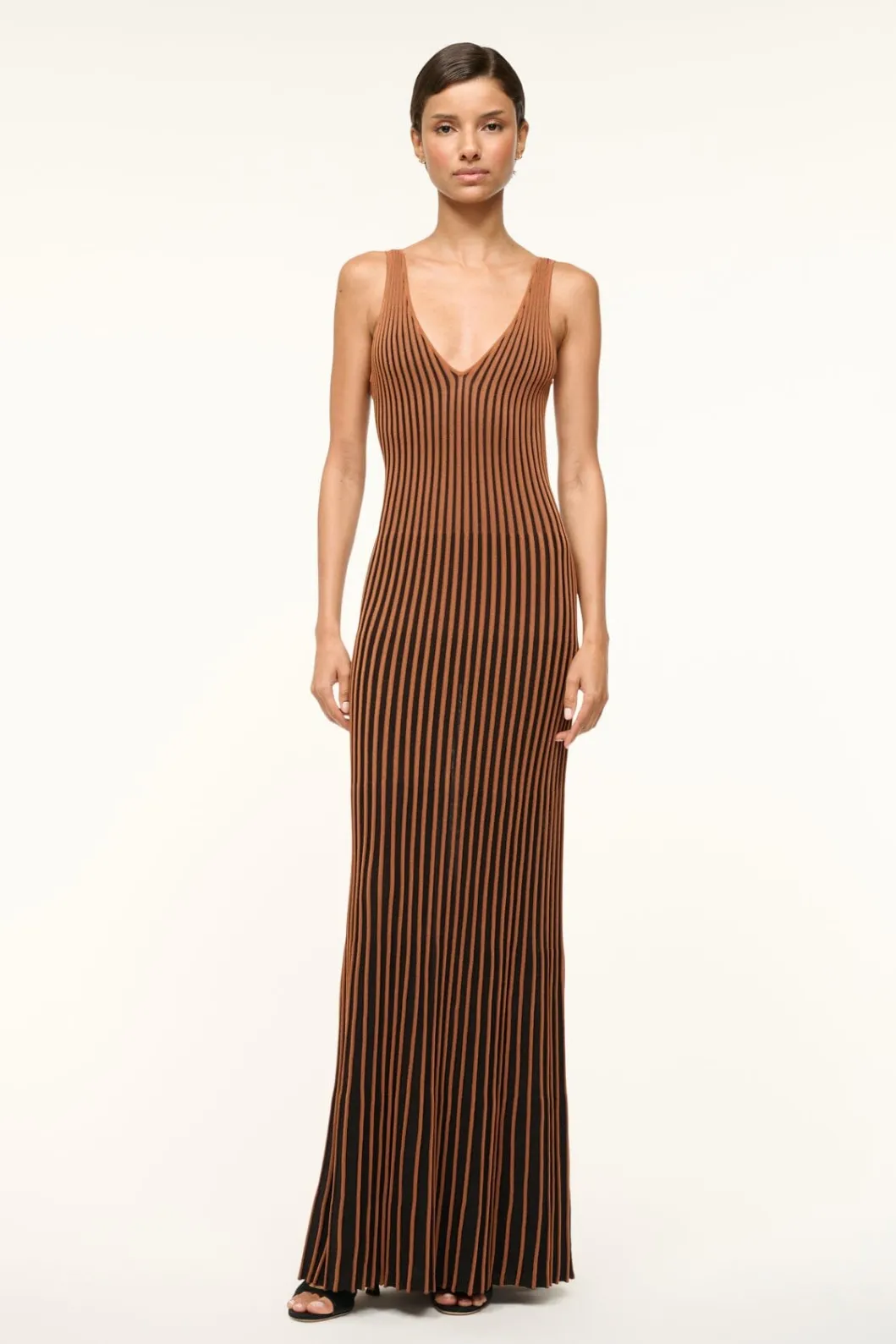 STAUD CLARETTA DRESS TAN BLACK< Knit Dresses | Maxi Dresses