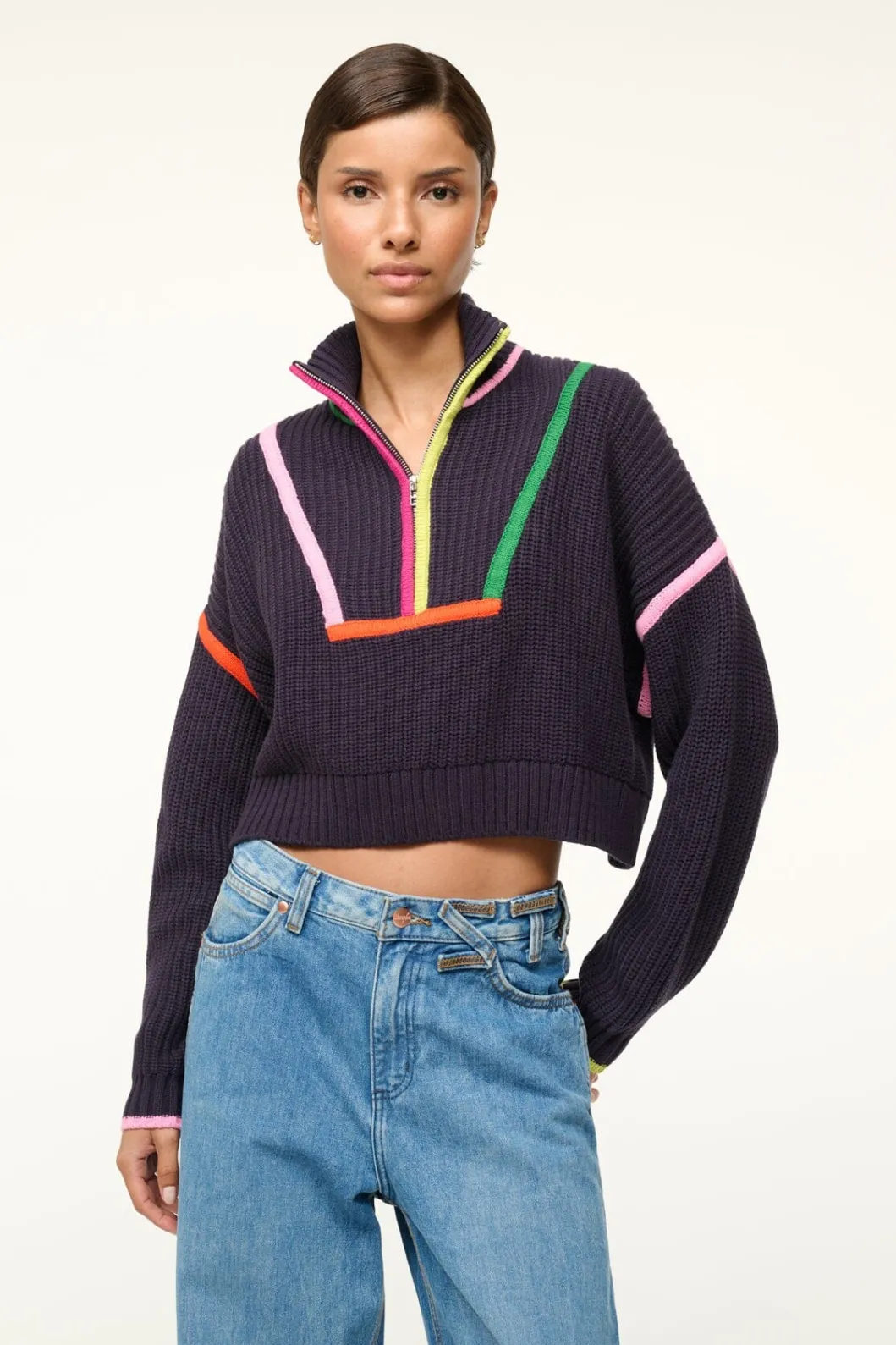 STAUD CROPPED HAMPTON SWEATER NAVY MULTI< Sweaters