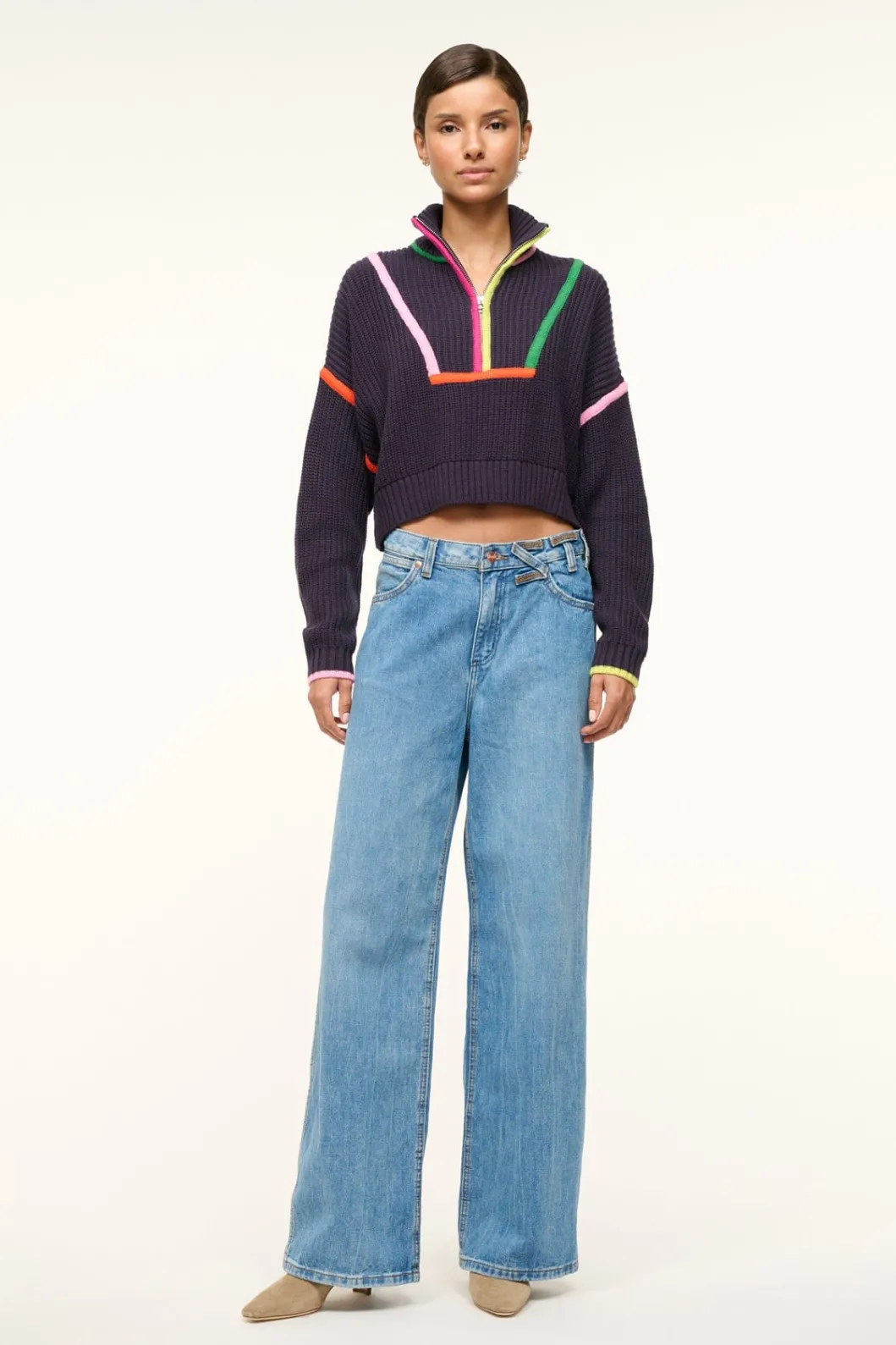 STAUD CROPPED HAMPTON SWEATER NAVY MULTI< Sweaters