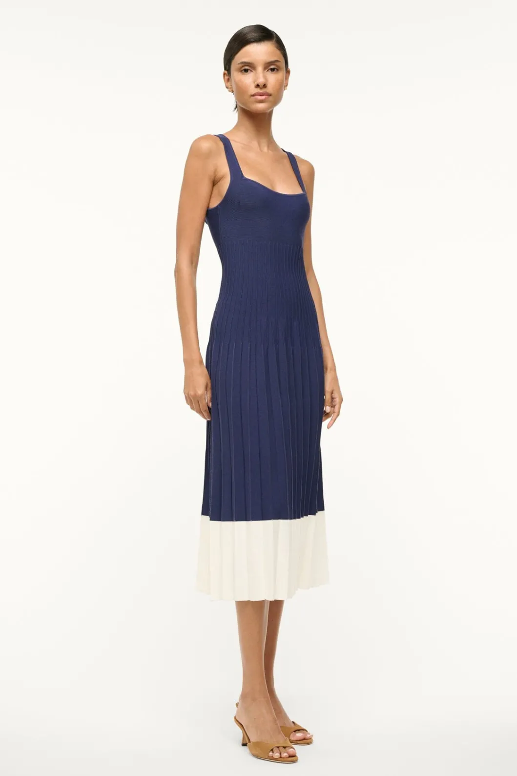 STAUD ELLISON DRESS NAVY WHITE< Knit Dresses | Midi Dresses