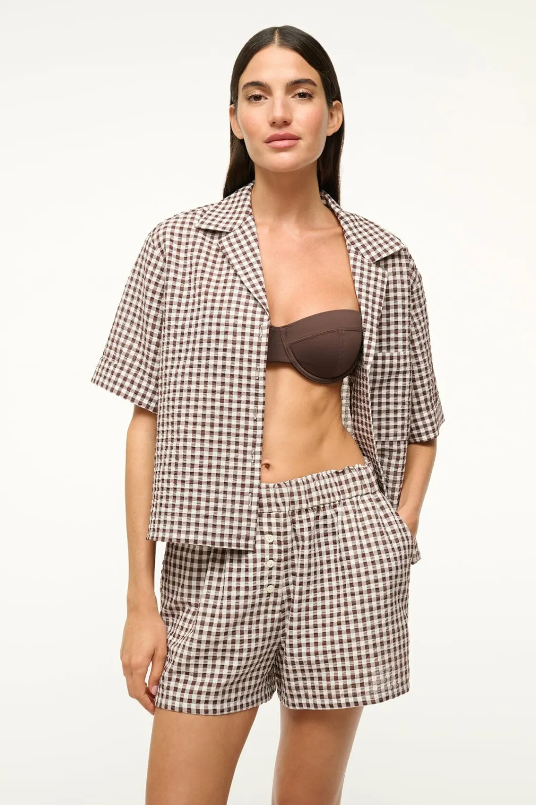 STAUD GABI SHIRT DARK CHOCOLATE GINGHAM< Swim | Cover-ups