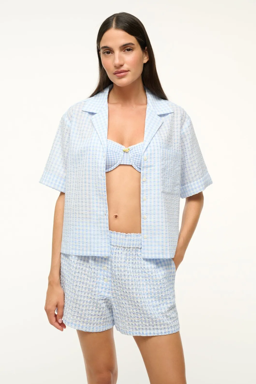 STAUD GABI SHIRT SKY GINGHAM< Swim | Cover-ups