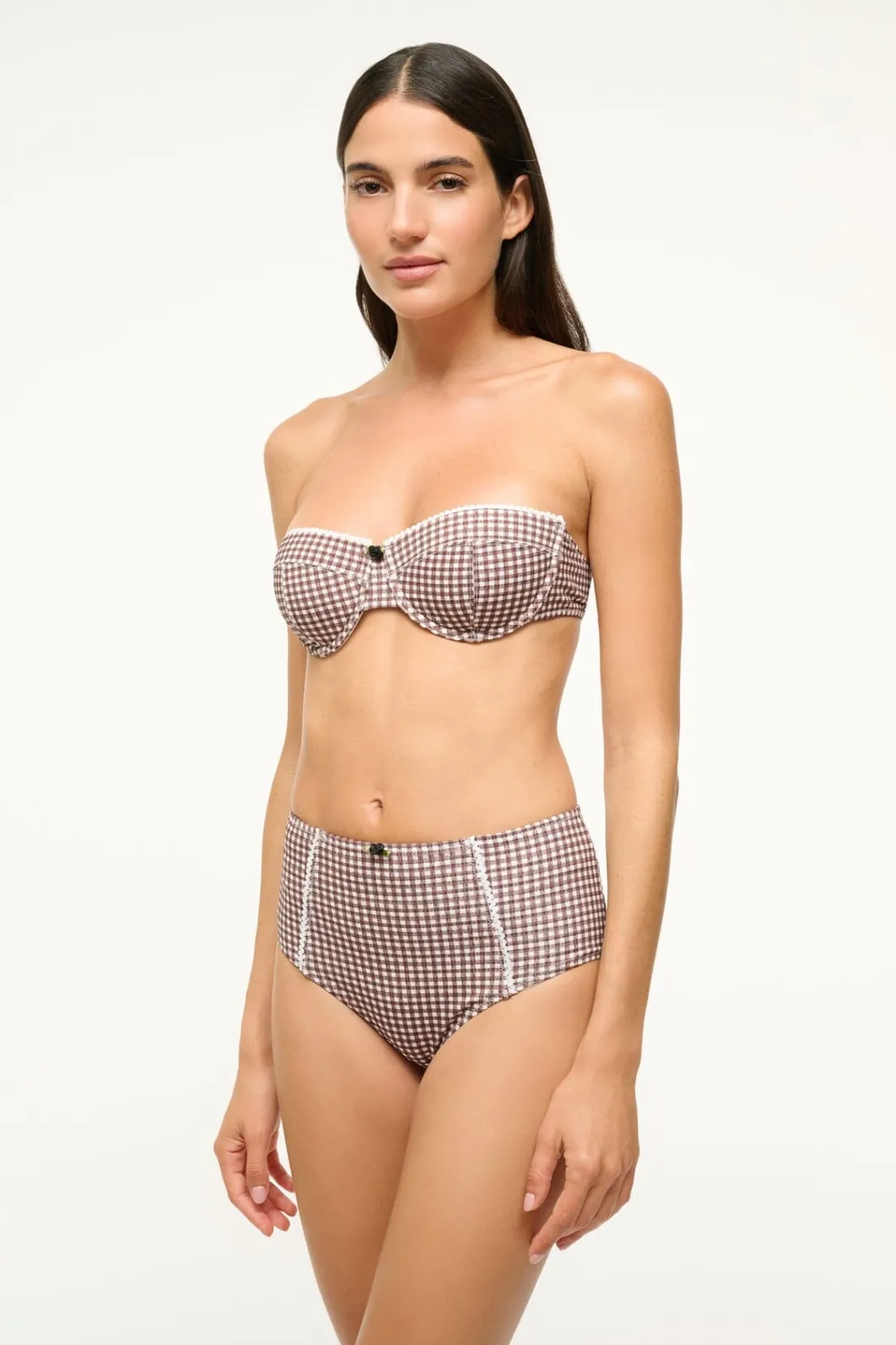 STAUD JO BALCONETTE BIKINI TOP DARK CHOCOLATE MICRO CHECK< Swim | Bikinis