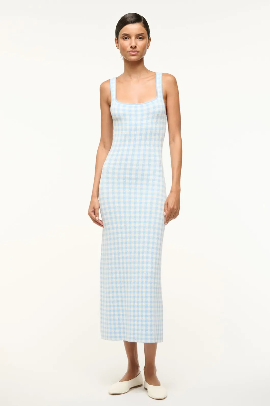 STAUD KATIE DRESS SKY GINGHAM< Knit Dresses | Midi Dresses