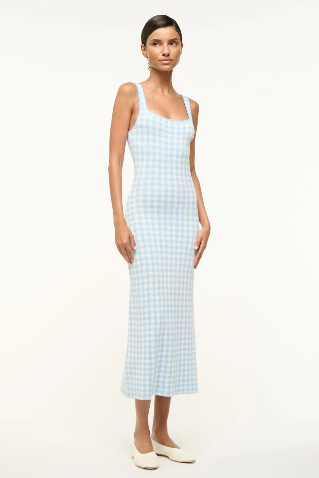 STAUD KATIE DRESS SKY GINGHAM< Knit Dresses | Midi Dresses