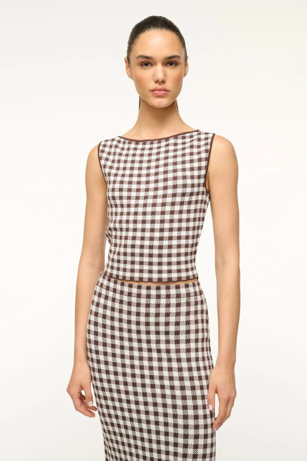 STAUD MONTGOMERY TOP DARK CHOCOLATE GINGHAM< Tops