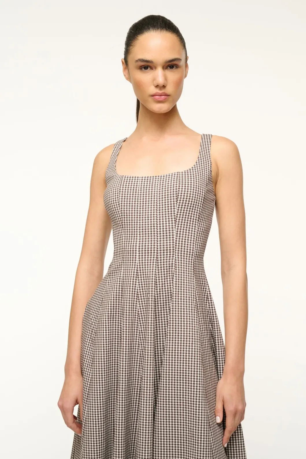 STAUD WELLS DRESS DARK CHOCOLATE MICRO CHECK< Midi Dresses | Dresses