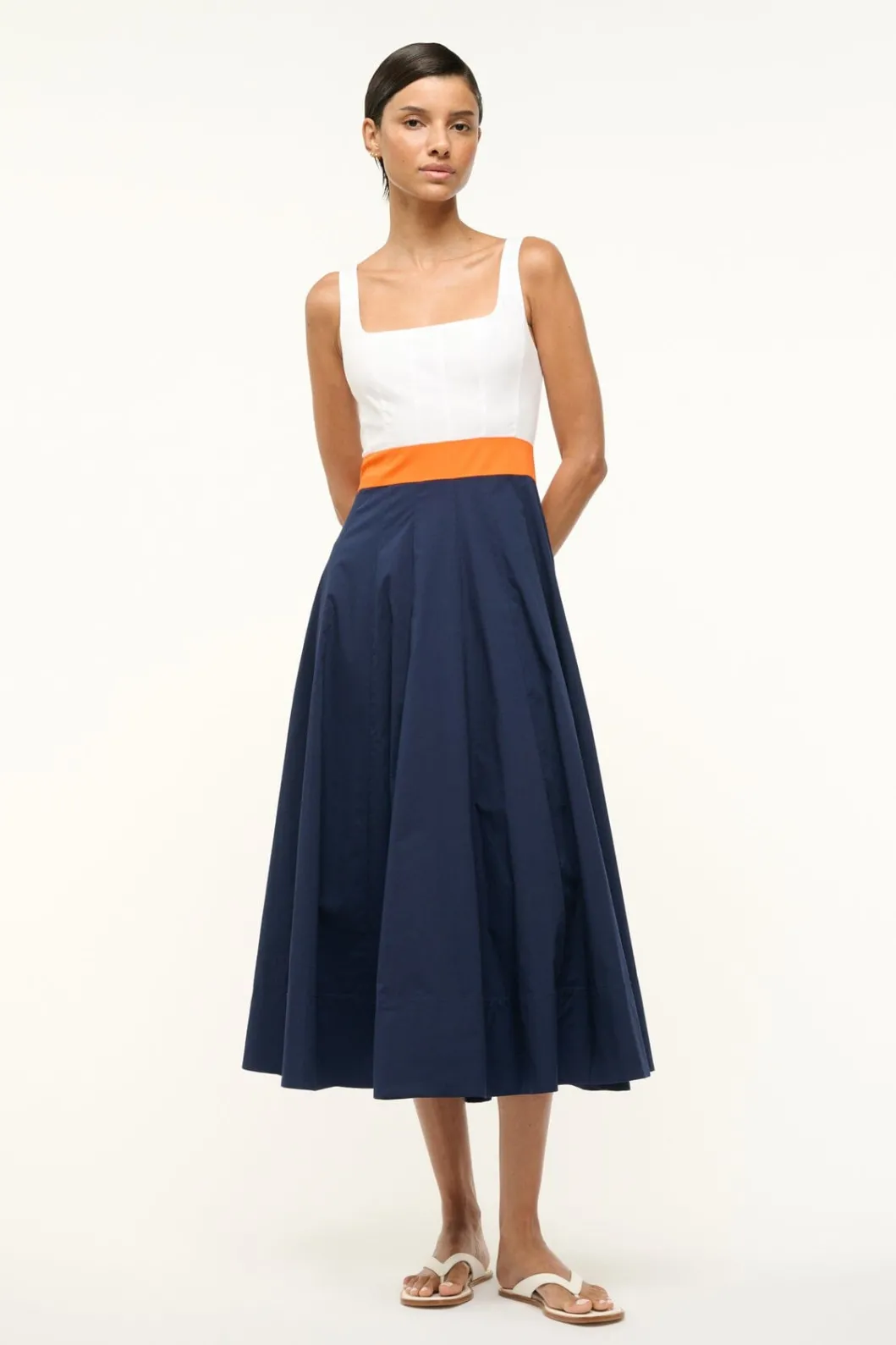 STAUD WELLS DRESS WHITE APRICOT NAVY< Midi Dresses | Dresses