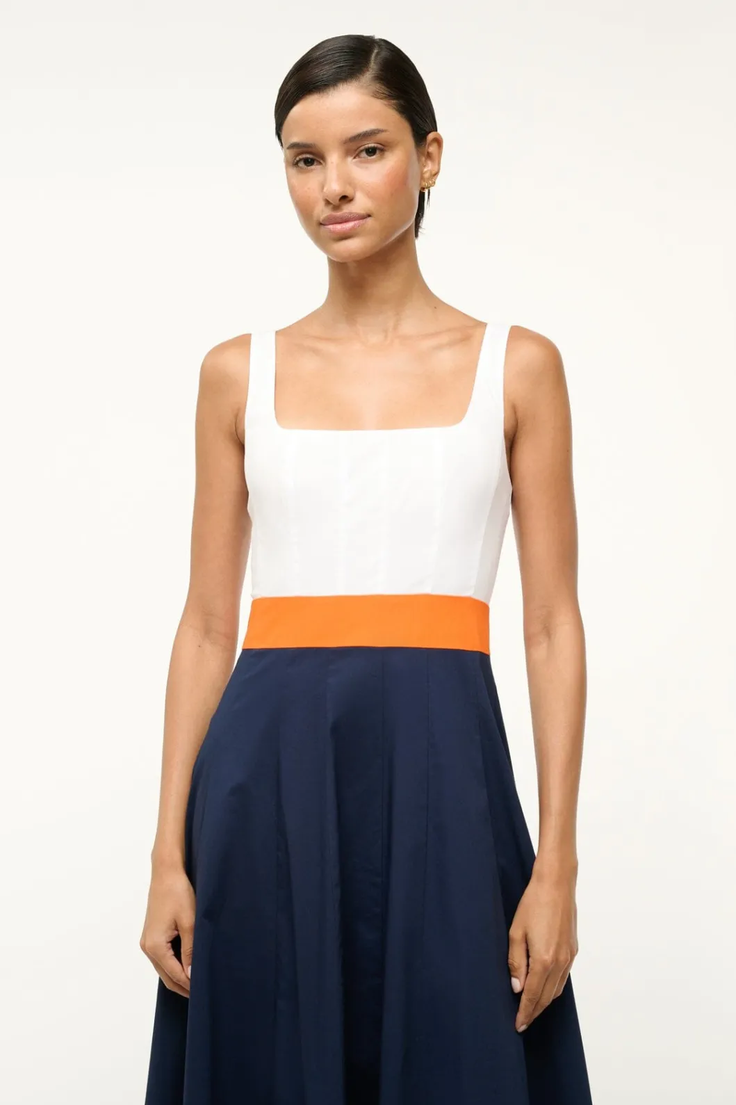 STAUD WELLS DRESS WHITE APRICOT NAVY< Midi Dresses | Dresses